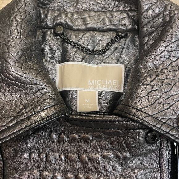 Michael Kors Metallic Silver Leather Jacket | Womens M, Moto Style EUC MSRP $595 - Picture 2 of 12